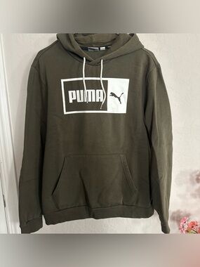 Men’s Puma Olive Green Crewneck Hoodie with White Logo